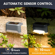 Solar-powered outdoor lights with automatic sensor control on a stone wall with plants.