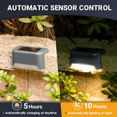 Solar-powered outdoor lights with automatic sensor control on a stone wall with plants.