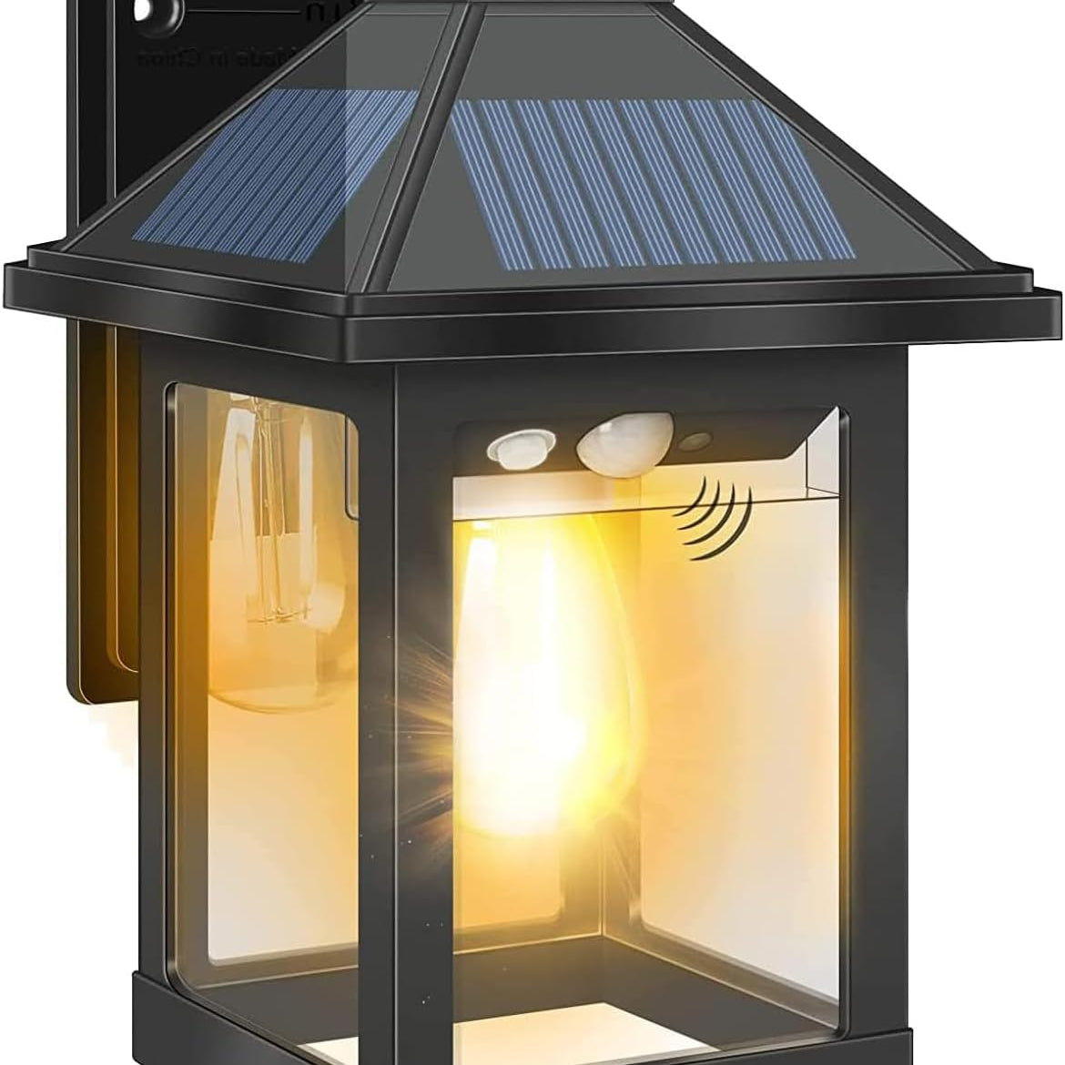Solar-powered outdoor wall light with a black lantern-style fixture on a white background.