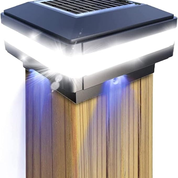 Solar-powered post cap light on a wooden post with colorful lighting effects.