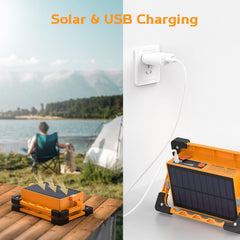 Solar and USB charging device with a scenic background of a person by a lake.
