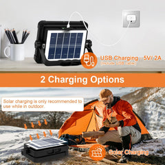 Solar charging device with USB cable on a desk, and person camping in snowy landscape.