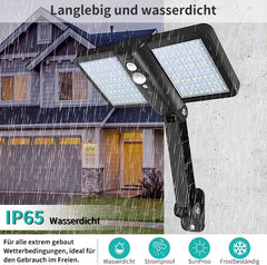 Solar flood light on a gray background with text about water resistance and weather conditions.
