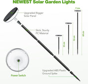 Solar garden light with labeled parts and dimensions on a white background