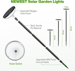 Solar garden light with labeled parts and dimensions on a white background