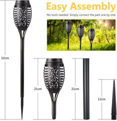 Solar garden lights with assembly instructions and dimensions on a white background
