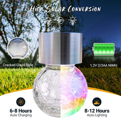 Solar lamp with cracked glass design, featuring high solar conversion and auto charging/lighting functions.