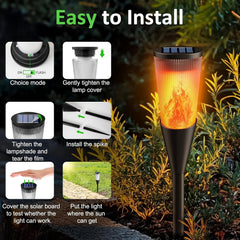 Solar lamp with installation instructions on a garden background