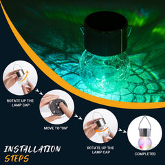 Solar light installation guide with step-by-step instructions on a dark background.