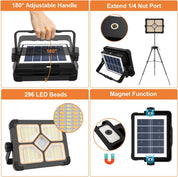 Solar light with adjustable handle, extendable nut port, 296 LED beads, and magnet function on a white background.