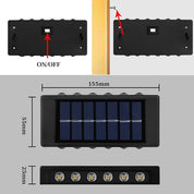 Solar panel light fixture with on/off switch, dimensions, and LED lights shown.