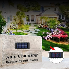 Solar panel with 'Auto Charging' text in front of a garden scene