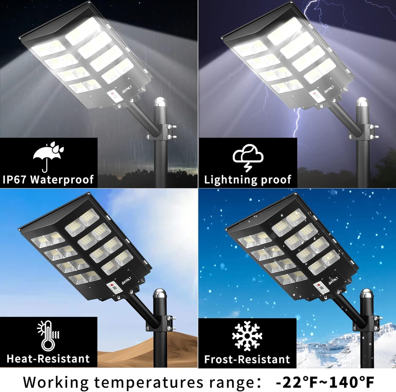 Solar street light with features highlighted on a dark background
