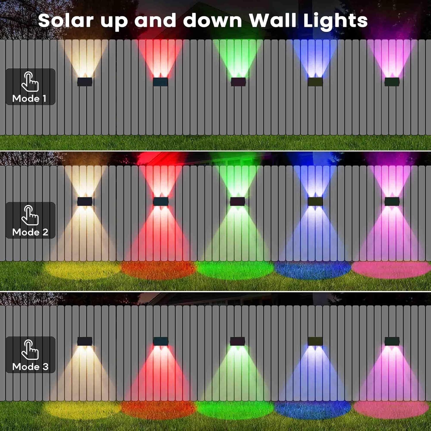 Solar up and down wall lights with color-changing modes on a grassy background.