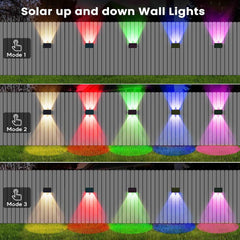Solar up and down wall lights with color-changing modes on a grassy background.