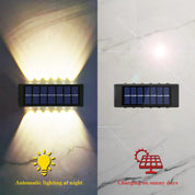 Solar wall light on a marble surface with text indicating night lighting and day charging.