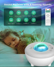 Sound machine with 8 soothing sounds for a child sleeping, featuring a remote control.