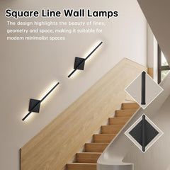 Square line wall lamps on a staircase with text highlighting their design.