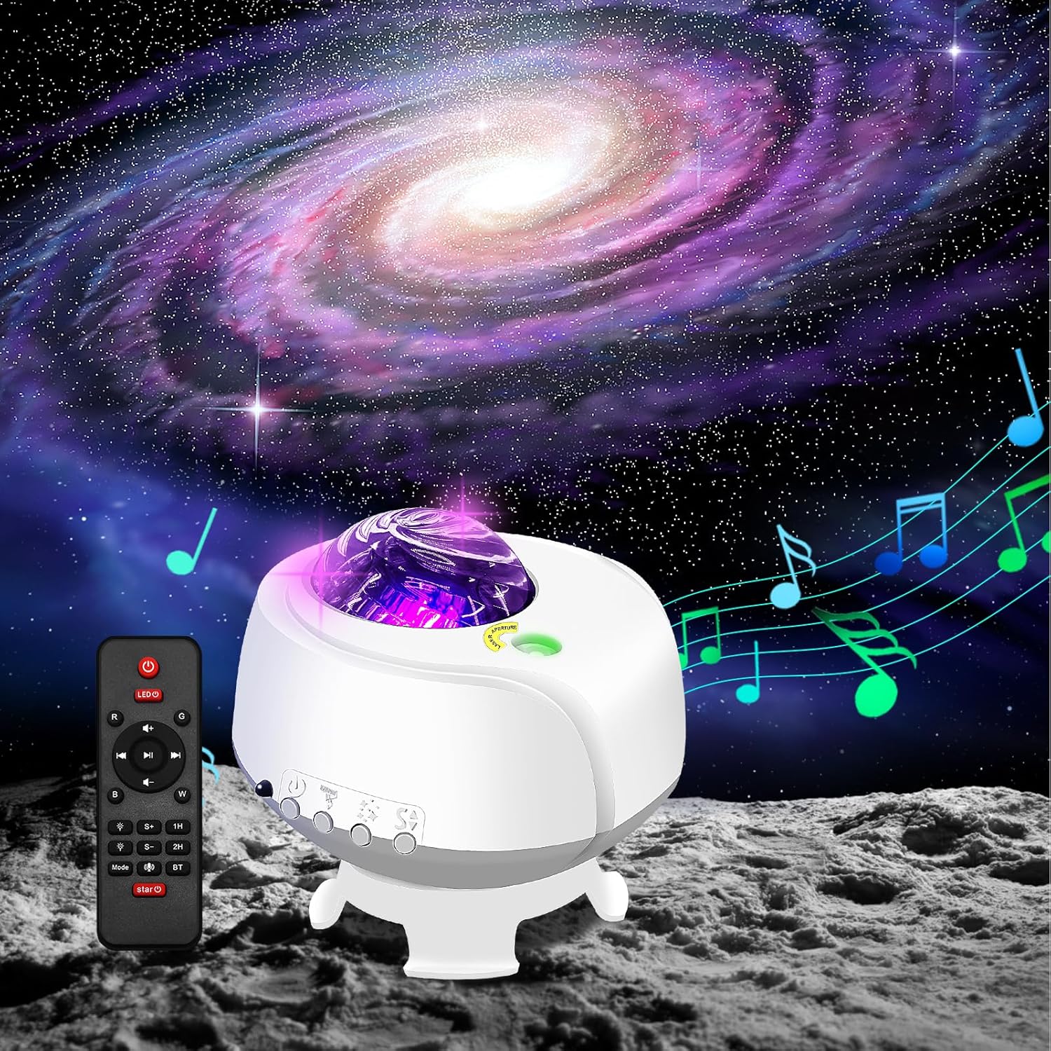 Star projector with remote control on a moon surface with space-themed background