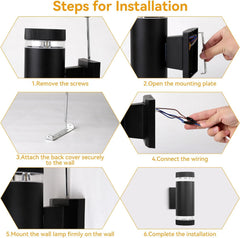 Step-by-step installation guide for a wall-mounted light fixture.