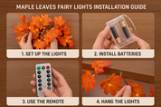 Step-by-step guide for installing maple leaves fairy lights with hands performing each action.
