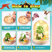 Step-by-step guide on how to assemble a decorative night light with dinosaurs and a tree.