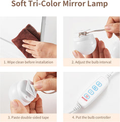 Step-by-step guide on how to install a Soft Tri-Color Mirror Lamp with text and images.
