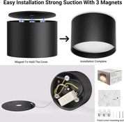 Step-by-step installation process of a black ceiling light fixture with magnets.