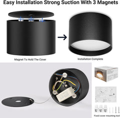 Step-by-step installation process of a black ceiling light fixture with magnets.