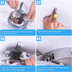 Step-by-step installation guide for a ceiling light fixture with text instructions.