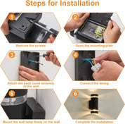 Step-by-step installation guide for a wall-mounted light fixture.