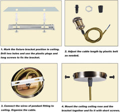 Step-by-step installation guide for ceiling light fixture with illustrations and text.