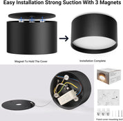 Step-by-step installation process of a black ceiling light fixture with magnets.