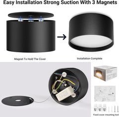 Step-by-step installation process of a black ceiling light fixture with magnets.