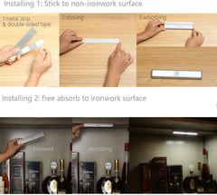Step-by-step installation process on a wooden surface with close-up shots of hands and product.