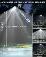 Street light with large angle lighting and motion sensor mode, showing light spread and brightness levels.