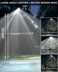 Street light with large angle lighting and motion sensor mode, showing light spread and brightness levels.