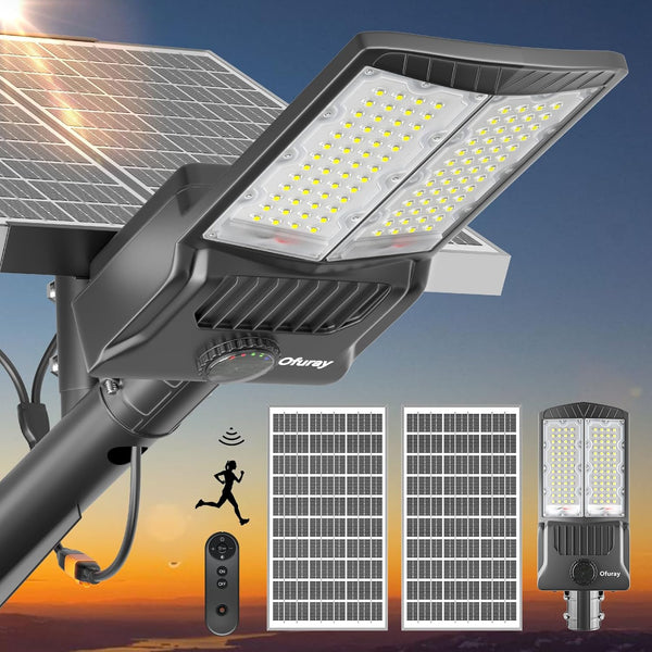 Street light with remote control, highlighting features like height, diameter, and waterproof rating, with a night scene and rain test shown.