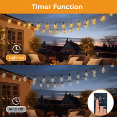 String lights on a patio with timer function display on screen