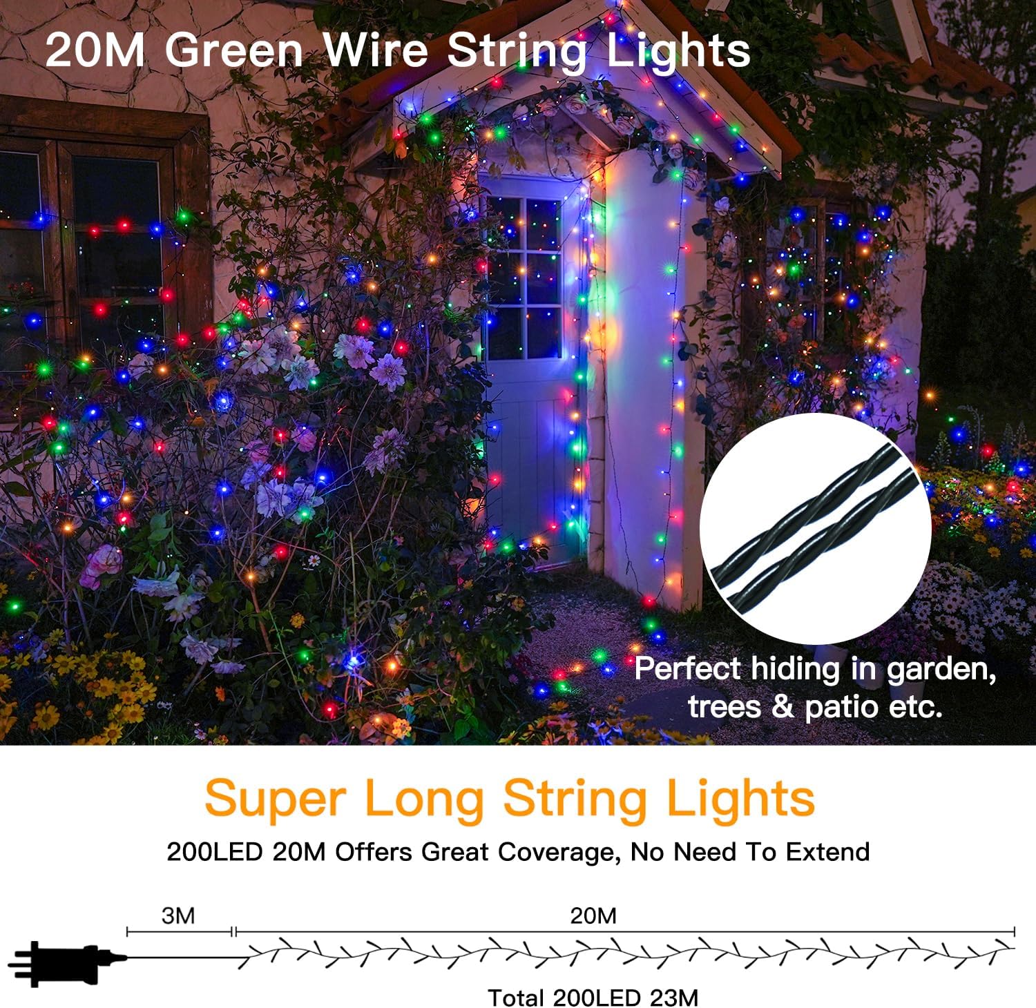 20M 200 LED Outdoor Fairy Lights – Multicolour String Lights, Remote ...
