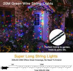 String lights with a diagram showing their length and hiding capabilities in a garden setting.