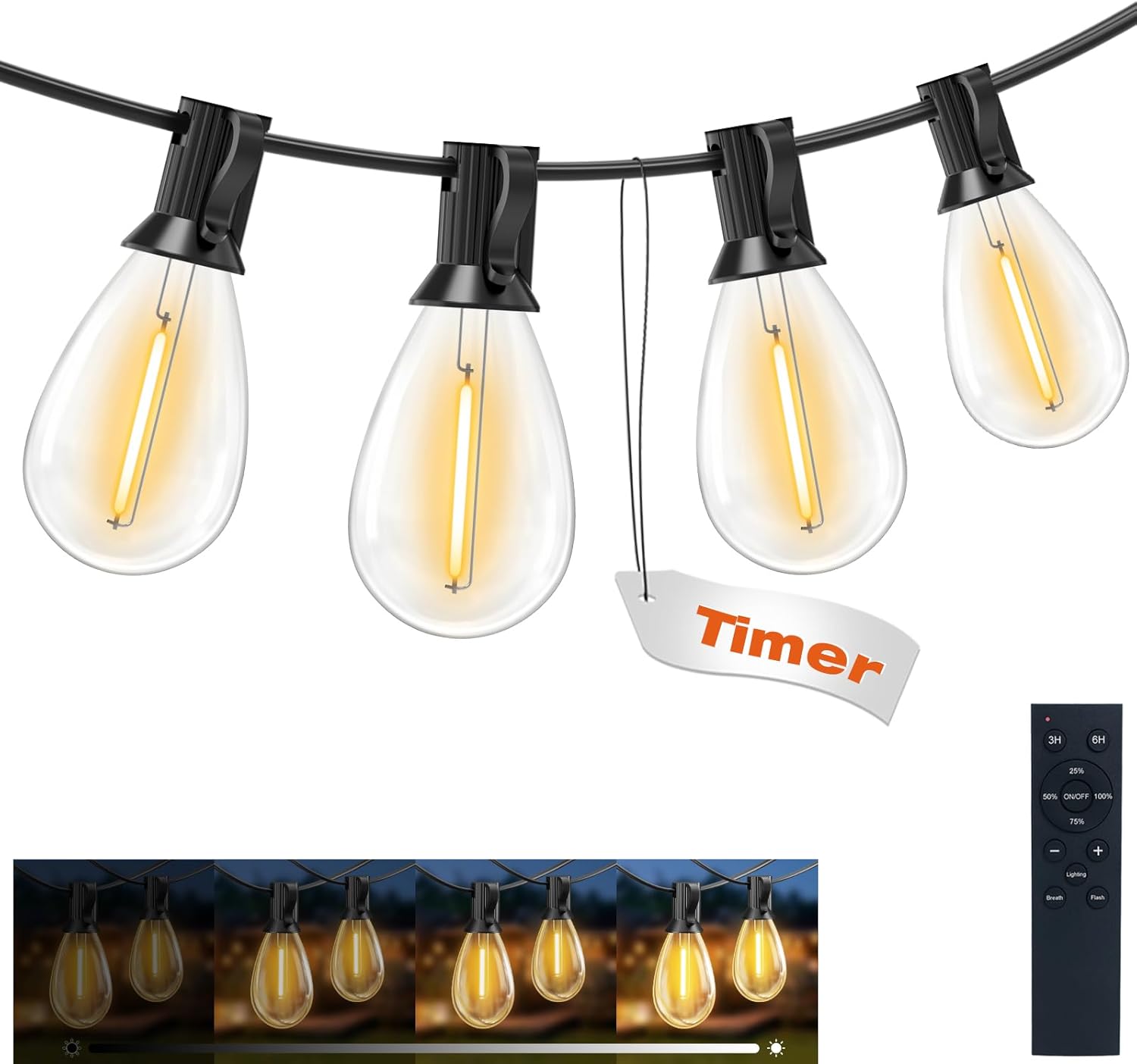 String lights with clear bulbs and black holders, featuring a timer label and remote control.