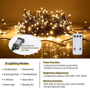 String lights with remote control and lighting mode options on a warm-toned background