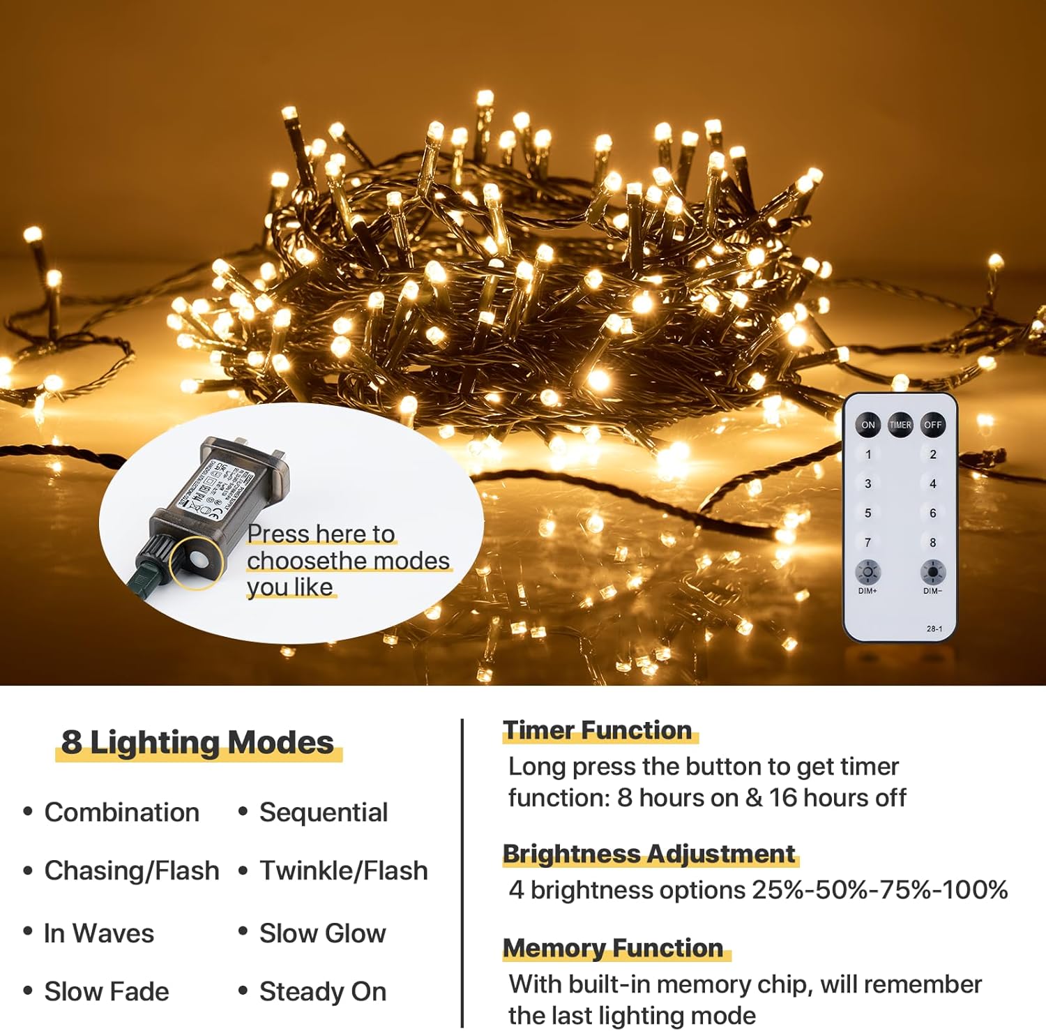 String lights with remote control and battery pack on a warm-toned background
