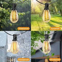 String lights with waterproof, sunproof, snowproof, and windproof features in various outdoor settings.