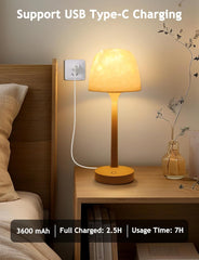 Table lamp with USB Type-C charging feature on a bedside table.