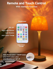 Table lamp with remote control and touch functions on a warm background