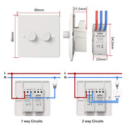 Technical diagram of a LED dimmer switch with dimensions and wiring diagrams.