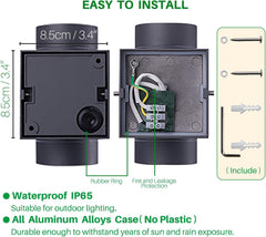 Technical diagram of a black outdoor light fixture with installation details and specifications.