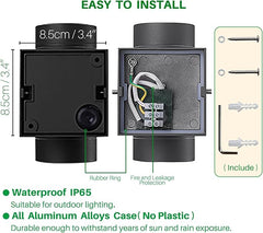 Technical diagram of a waterproof outdoor light fixture with installation details.